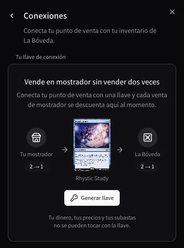 Configuración, sección Conexiones, con el botón Generar llave y una carta de la tienda entre el mostrador y La Bóveda