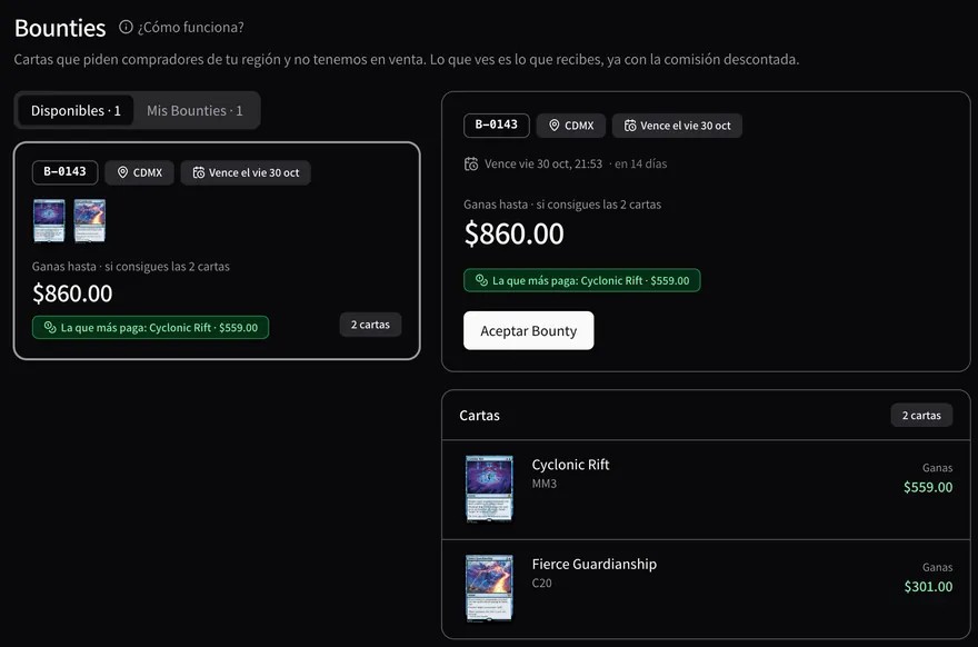 La sección Bounties de un dealer: los pedidos de su región, cuánto gana por cada uno y el avance de las cartas que ya tiene
