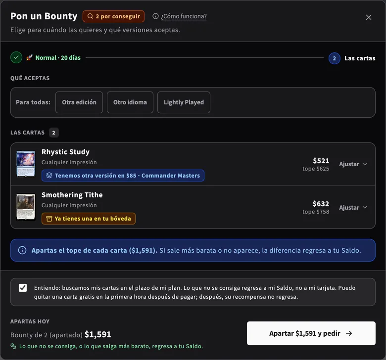 El modal Pon un Bounty en la tienda: plan Normal de 20 días, la carta con su precio base y su tope, lo que se aparta hoy y la casilla del compromiso antes de pagar