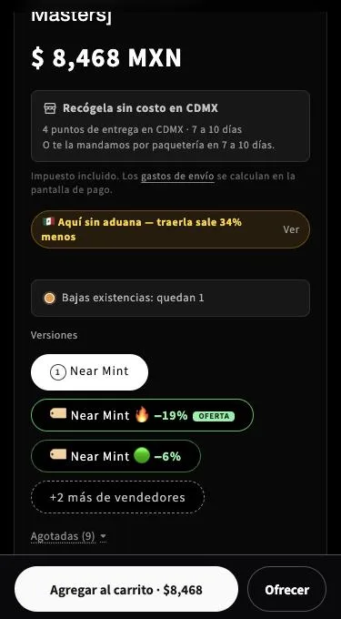 Ficha de Mox Opal: precio de la tienda $8,468, la versión Near Mint de la tienda y dos chips de vendedor, uno con fuego −19% y etiqueta Oferta y otro verde −6%