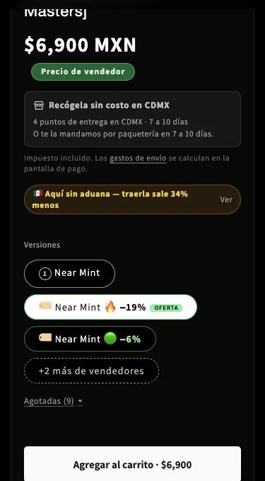 La misma ficha con la copia de vendedor elegida: el precio cambia a $6,900, dice Precio de vendedor y el botón Agregar al carrito por $6,900