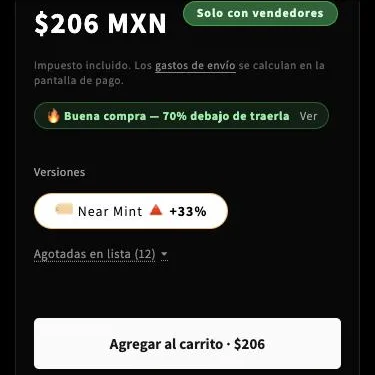 Ficha de Darklight Phoenix: $206, Solo con vendedores, un chip de vendedor Near Mint con triángulo +33% y las versiones de la tienda agotadas plegadas