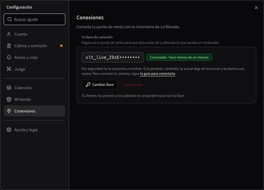La llave activa con el chip 'Conectada · hace menos de un minuto' y los botones Cambiar llave y Desconectar