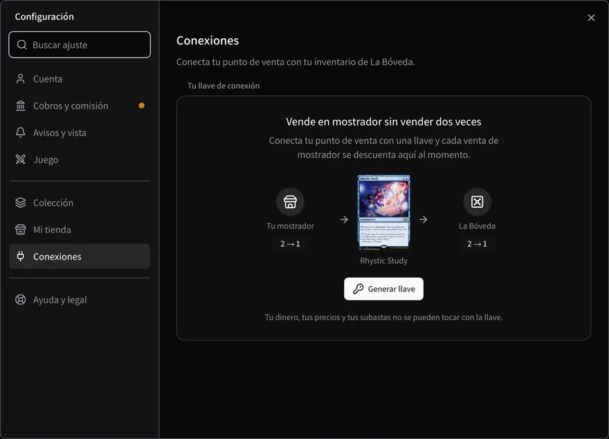Configuración, sección Conexiones de una tienda: 'Vende en mostrador sin vender dos veces', una Rhystic Study entre Tu mostrador y La Bóveda, las dos pasando de 2 a 1, y el botón Generar llave