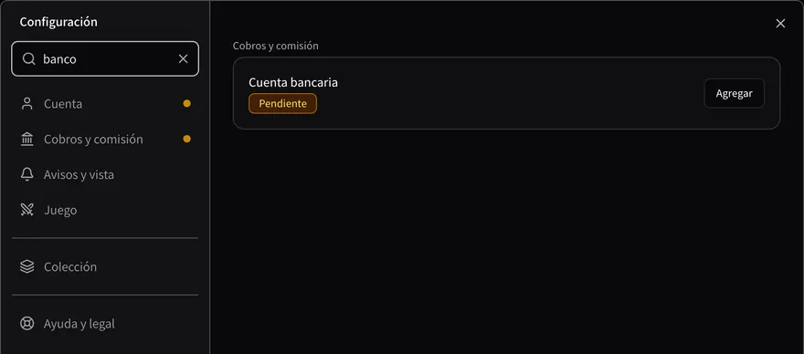 Configuración con 'banco' escrito en el buscador: el único resultado es la fila Cuenta bancaria, marcada Pendiente, con su botón Agregar