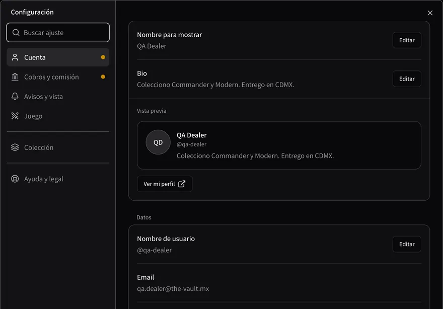 El grupo Cómo te ven: nombre para mostrar y bio con su botón Editar, y una vista previa del perfil público con el nombre, el usuario y la bio