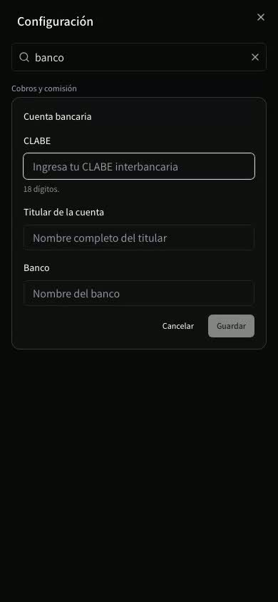 Configuración en un teléfono con 'banco' en el buscador y el formulario de la cuenta bancaria abierto