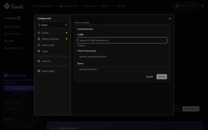 Configuración abierta sobre el dashboard con 'banco' en el buscador y el formulario de la cuenta bancaria abierto en su lugar: CLABE, titular y banco, con Cancelar y Guardar