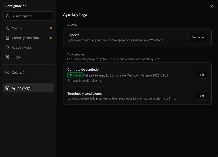 Ayuda y legal: Soporte por WhatsApp y Tus contratos, con el Contrato de vendedor firmado el sábado 26 de septiembre, versión 2026-08-17, y los Términos y condiciones