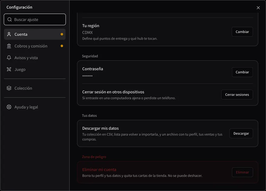 Los grupos Seguridad (contraseña y cerrar sesión en otros dispositivos), Tus datos (Descargar mis datos) y Zona de peligro (Eliminar mi cuenta)
