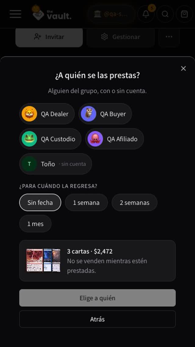 Prestar por foto: tres cartas listas para prestar, a quién se las prestas con los miembros del grupo y la fecha para regresar en Sin fecha