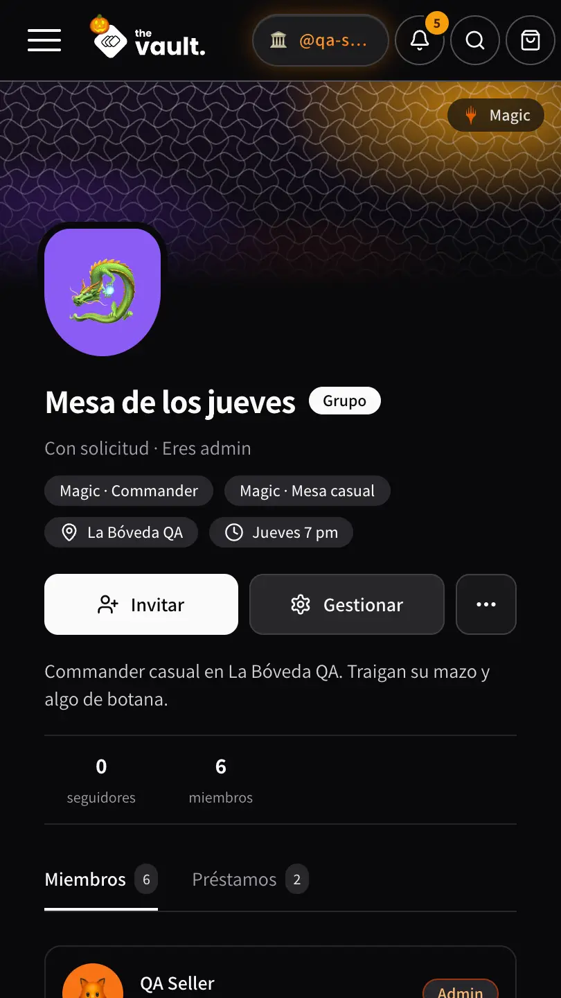 Perfil del grupo Mesa de los jueves: escudo de dragón, Magic Commander y Mesa casual, La Bóveda QA los jueves a las 7 pm, 6 miembros