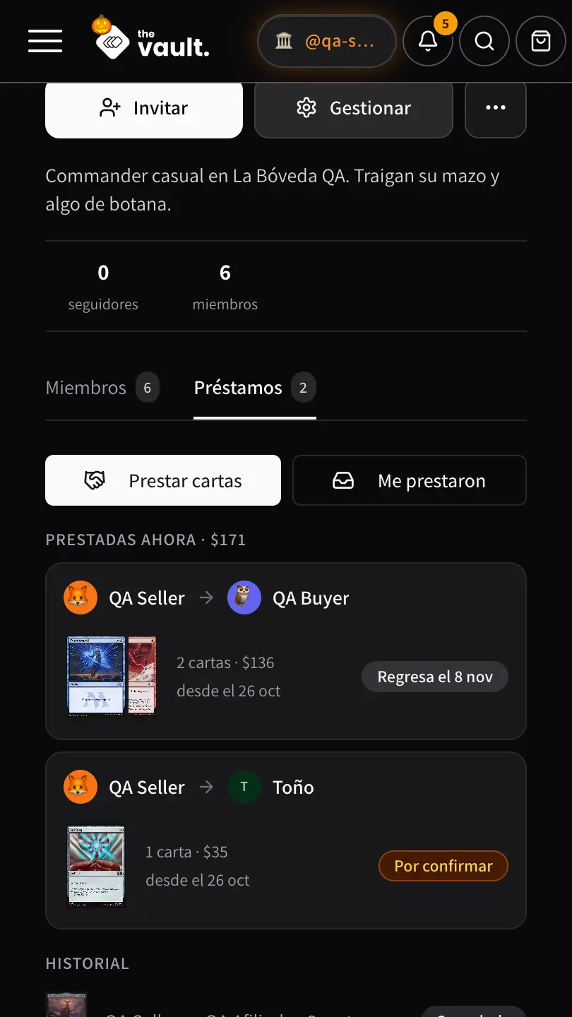 Pestaña Préstamos del grupo: dos cartas prestadas a QA Buyer con fecha para regresar, y una prestada a Toño por confirmar