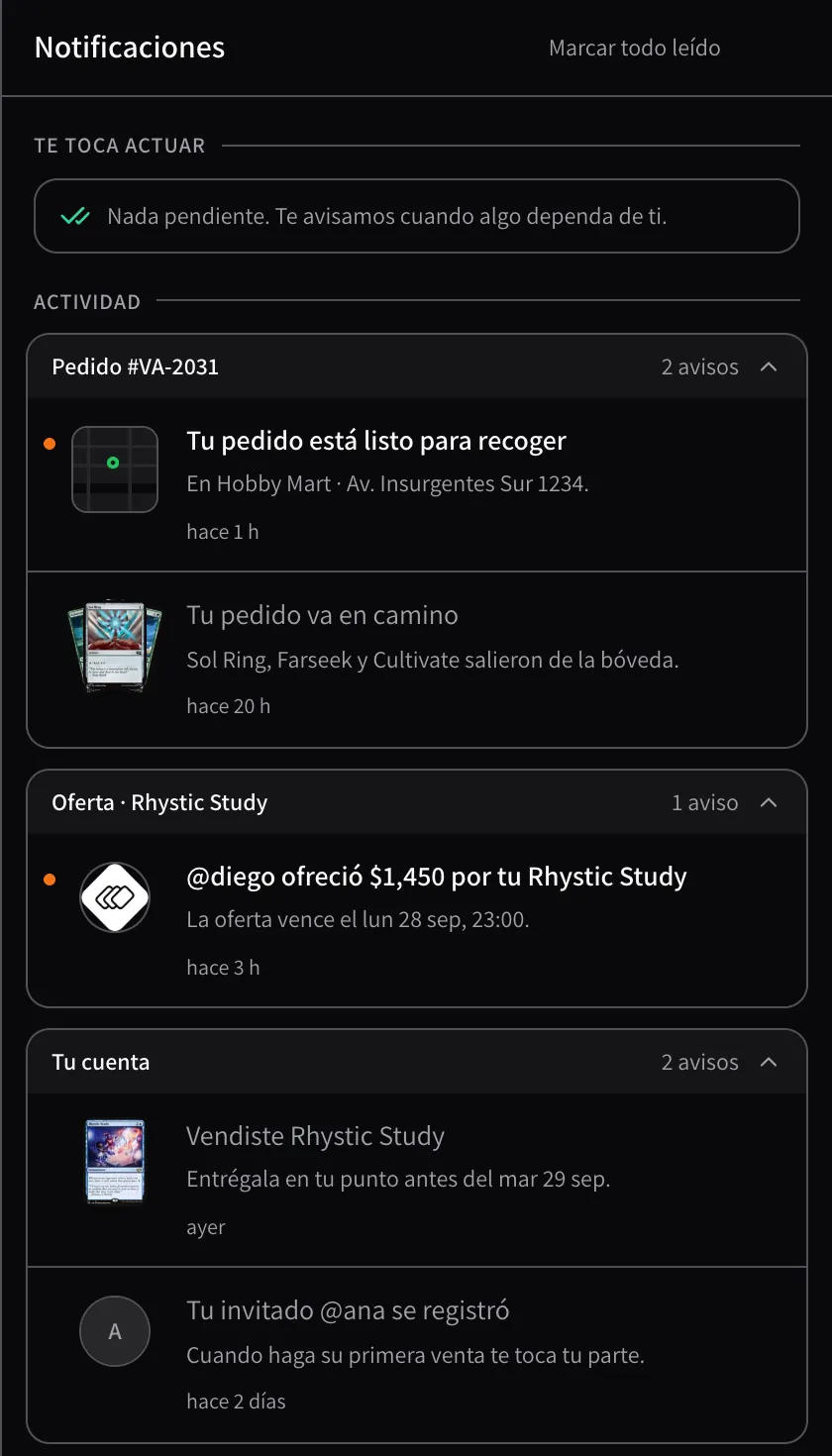 La bandeja agrupada por asunto: el pedido #VA-2031 con el mapa del punto y el abanico de Sol Ring, Farseek y Cultivate; una oferta por Rhystic Study; la venta de Rhystic Study con su carta y un invitado con su inicial