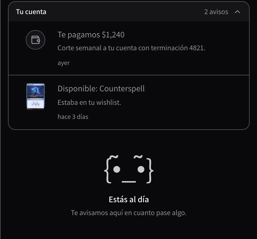El fondo de la bandeja con el personaje de The Vault y el mensaje 'Estás al día. Te avisamos aquí en cuanto pase algo.'