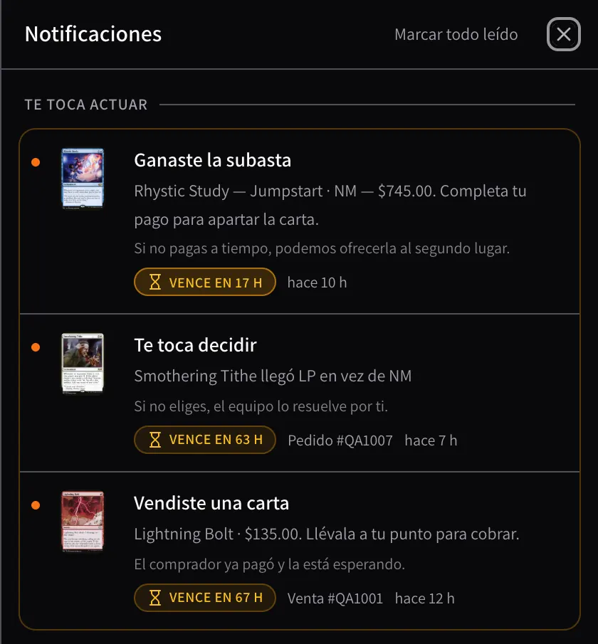 La bandeja de Notificaciones con 'Te toca actuar': Ganaste la subasta de Rhystic Study, vence en 17 h; Te toca decidir sobre Smothering Tithe, vence en 63 h; Vendiste Lightning Bolt, llévala a tu punto, vence en 67 h