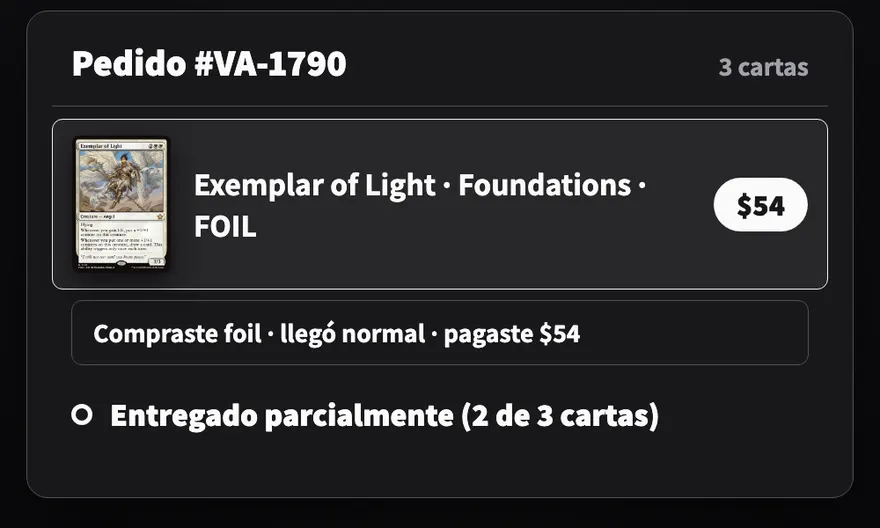 El pedido con la marca 'Entregado parcialmente (2 de 3 cartas)' debajo de la carta y su aviso