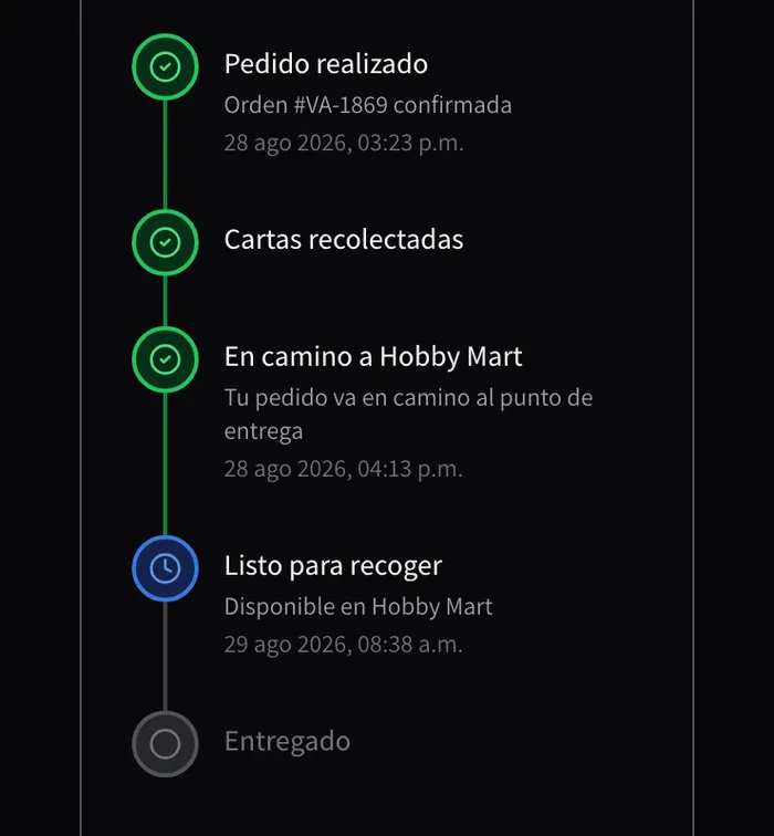 La línea del tiempo del pedido: pedido realizado, cartas recolectadas, en camino a Hobby Mart y 'Listo para recoger' con su fecha y hora