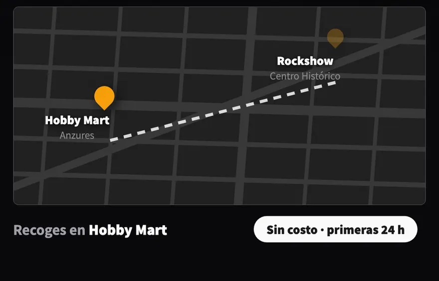 El mapa con el punto actual Hobby Mart y el nuevo punto Rockshow unidos por una línea, y el chip 'Sin costo · primeras 24 h'