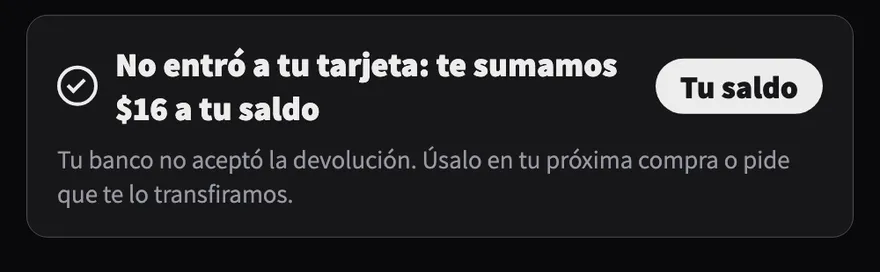 El aviso 'No entró a tu tarjeta: te sumamos $16 a tu saldo' con el chip 'Tu saldo' y la explicación de qué hacer con él